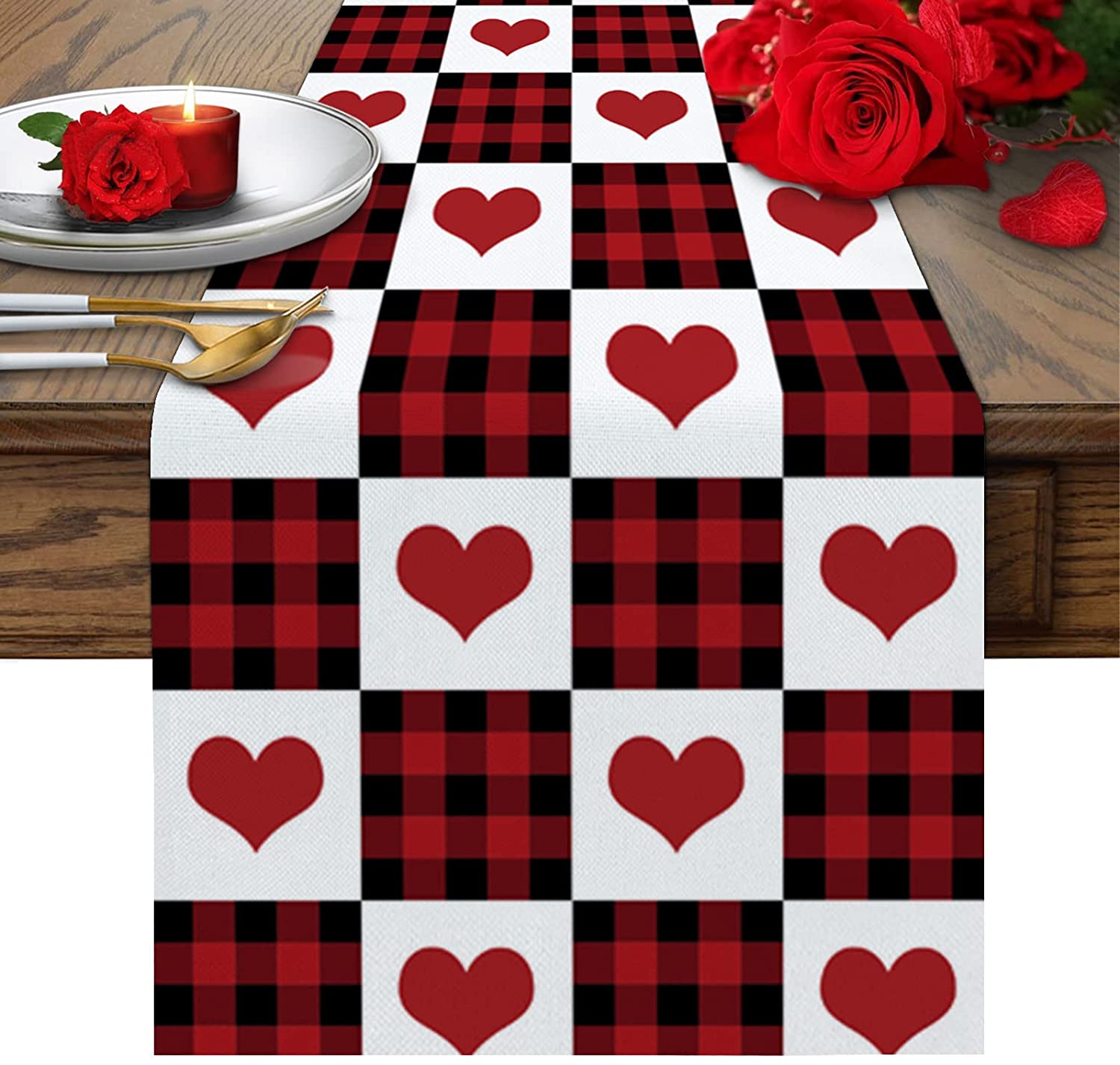 Red and Black Lattice - Love Heart Table Runner For Valentine's Day