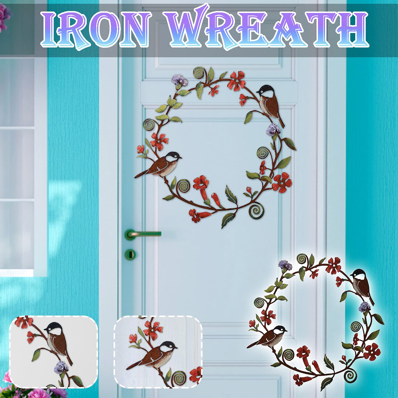 Handmade Stainless Steel Chickadees Flowers Wreath For Indoor Outdoor Decoration