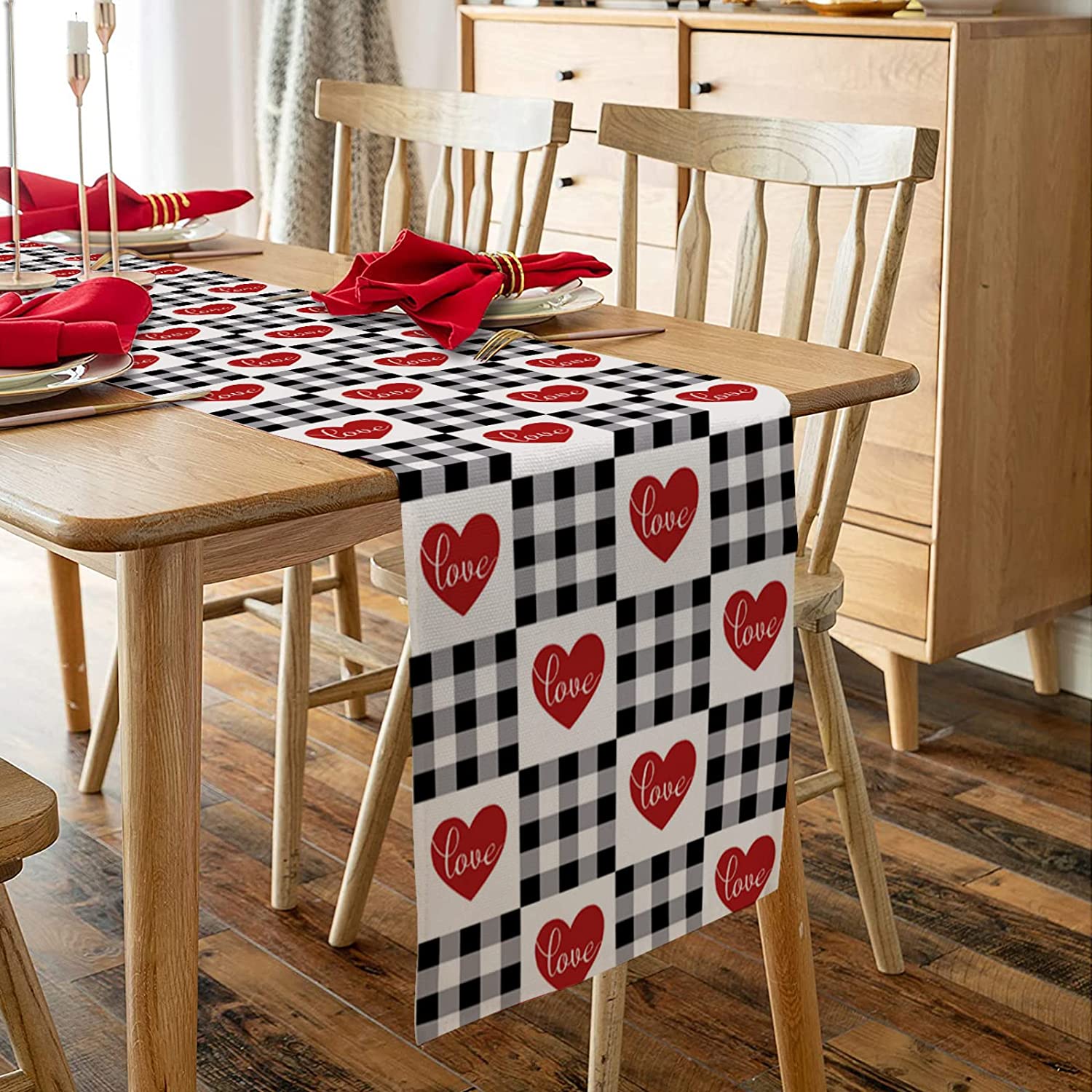Black and White Lattice - Love Heart Table Runner For Valentine's Day