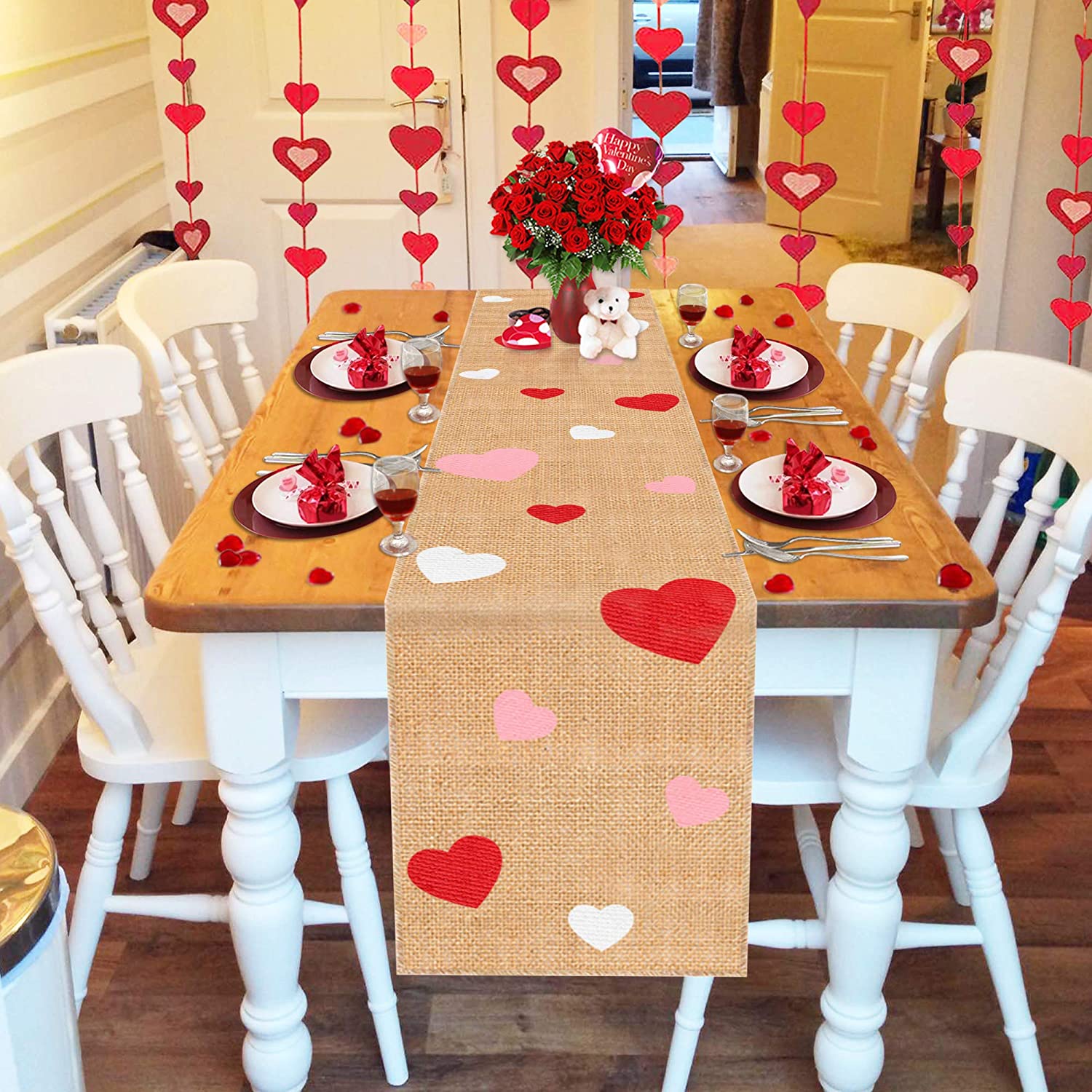 Burlap Red Pink White - Love Heart Table Runner For Valentine's Day