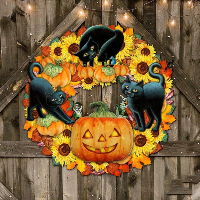 Wood Black Cat Sunflower Pumpkin Wreath For Front Door Halloween Decoration