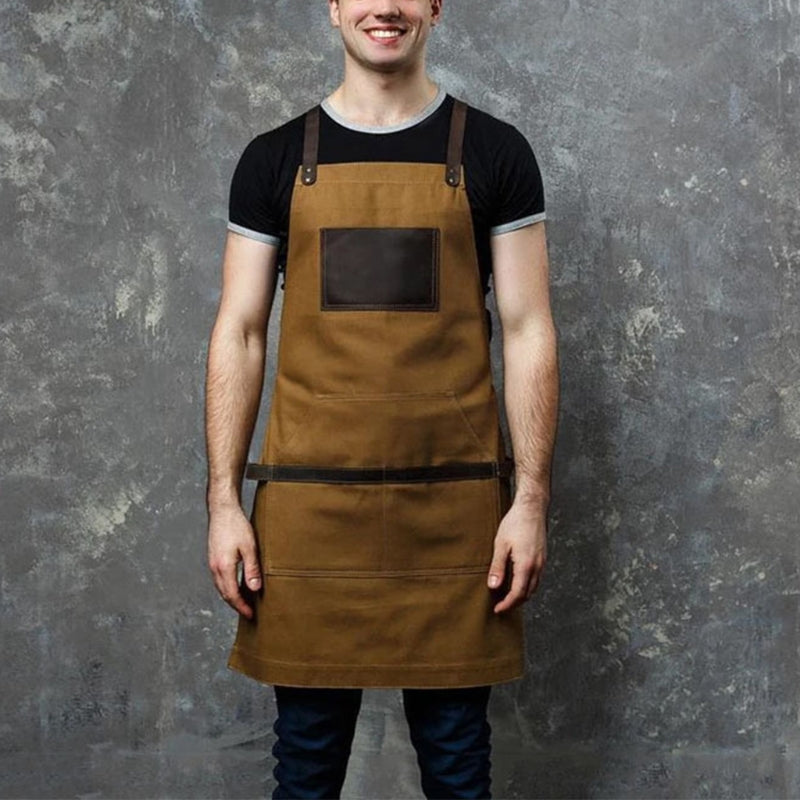 Canvas Apron With Leather Pockets And Adjustable Straps