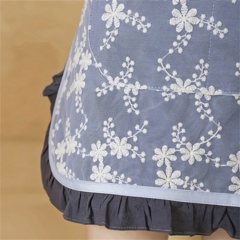 Lace Embroidery Waist Apron With Pocket For Bakery Baking Waitress