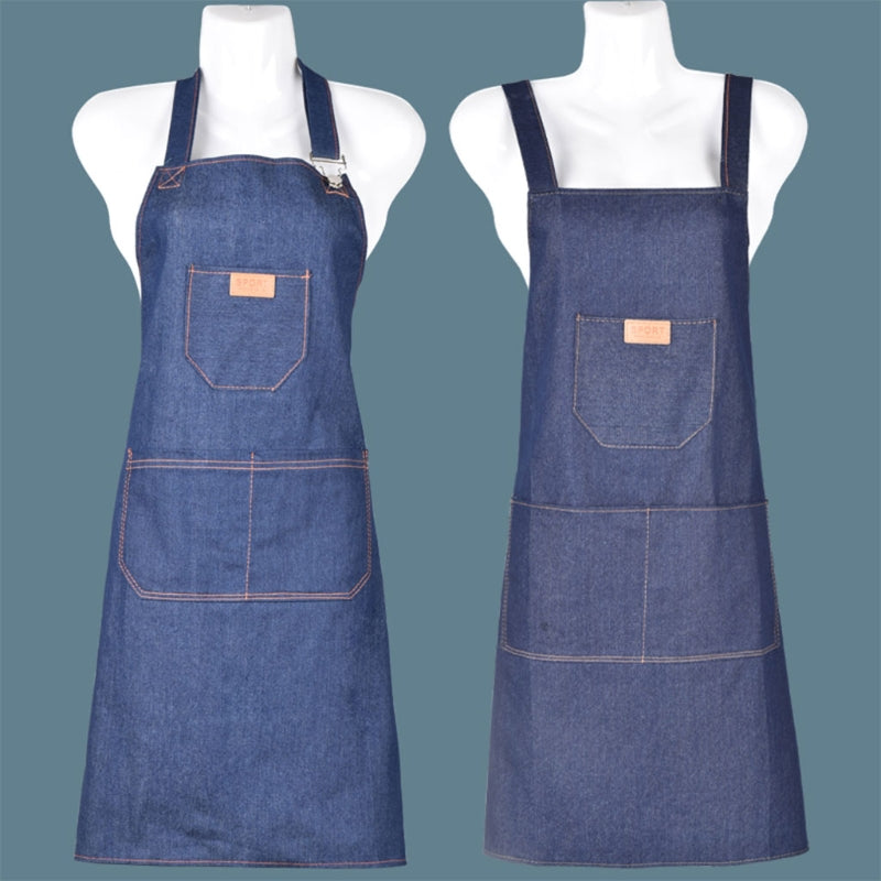 Adjustable Denim Apron With Multi Pockets Long Bib Apron For Chef BBQ Kitchen