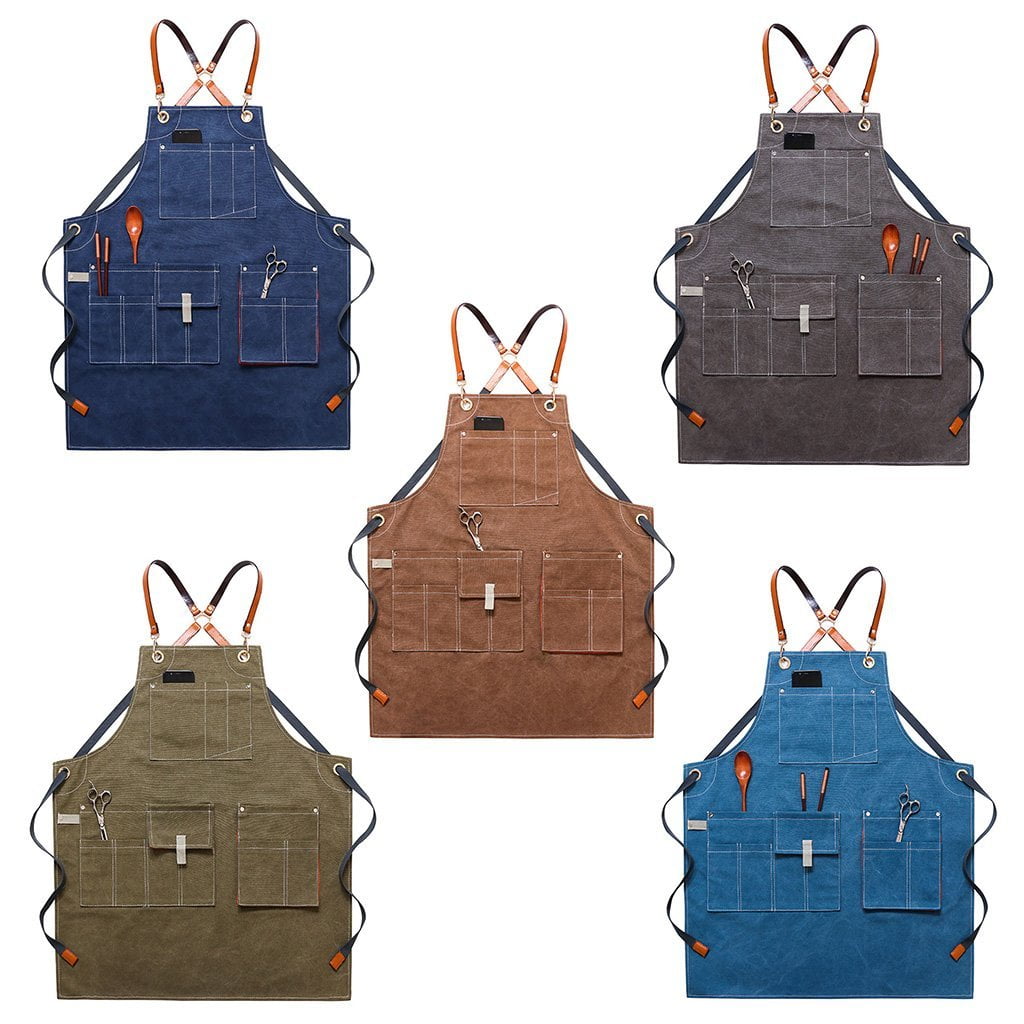 Canvas Work Apron With Pockets And Adjustable Back Straps