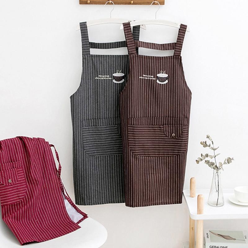 Machine Washable Kitchen Stripe Apron with Pockets For Women Cooking and Baking BBQ Cafe