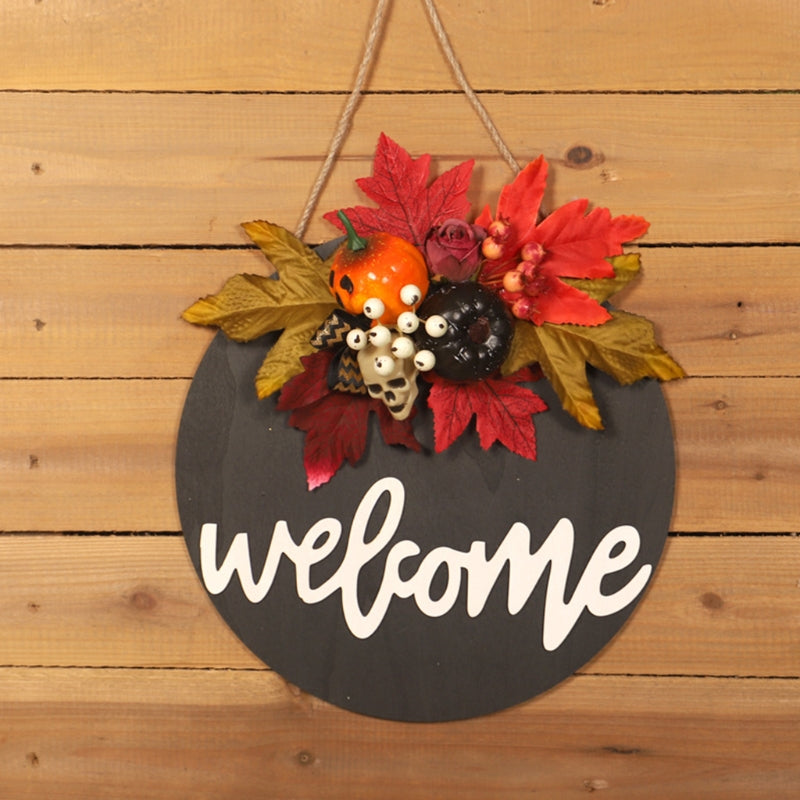 Wooden Door Sign Skull Pumpkin Wreath Wall Hanger Decor For Halloween