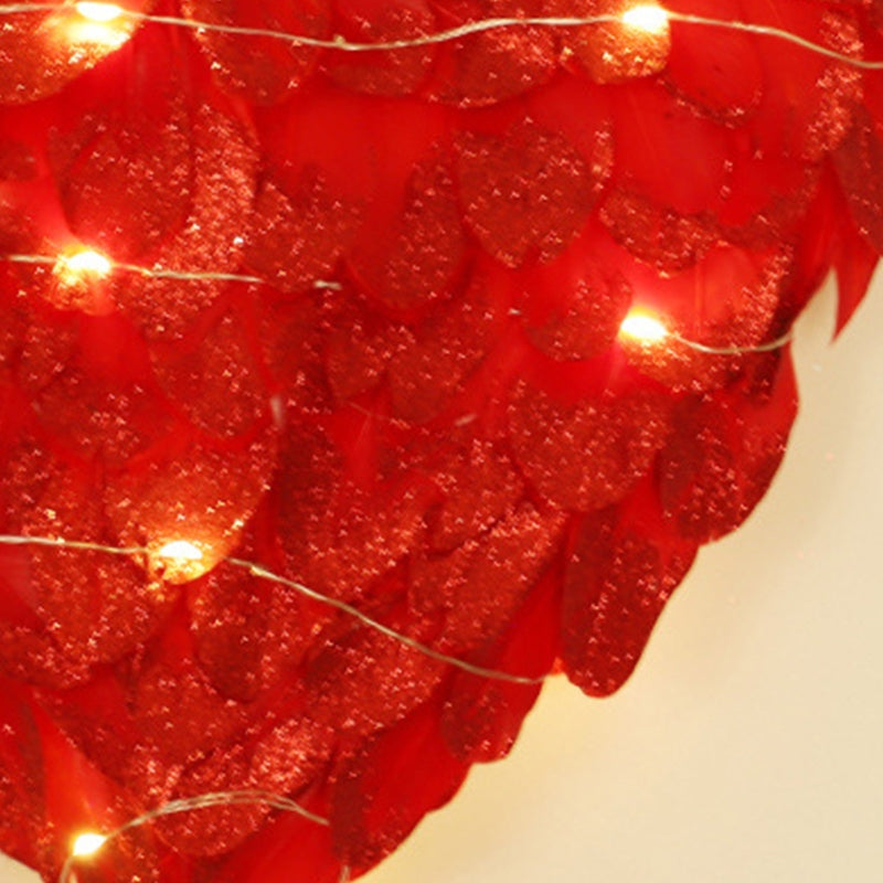 Heart Shaped Wreath Double Sided Glitter Feather Garland With LED Light For Front Door Wall Home Wedding Valentine's Day Decoration