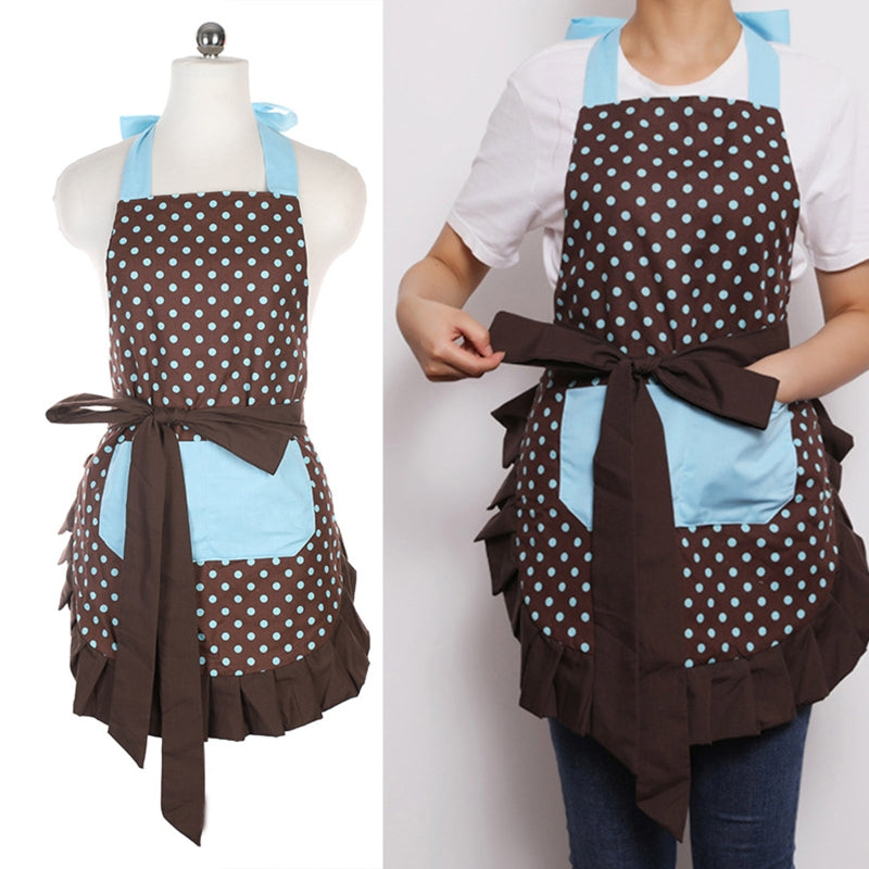 Blue Round Dots Kitchen Apron With Pockets No Sleeve Hanging Neck Waist Strap