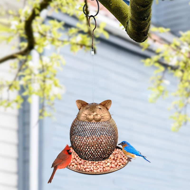 Retro Kitten Shaped Hanging Metal Birdfeeder For Outdoor Decoration