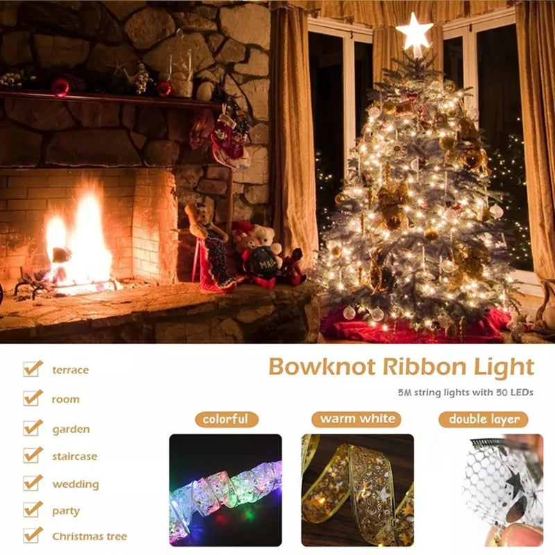 5M/10M Fairy Lights Strings Christmas Ribbon Bows With LED Christmas Tree Ornaments