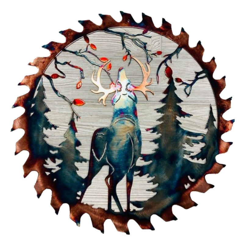 Forest Elk Metal Wall Decor Deer Round Wall Art Sculpture With Rustic Cabin