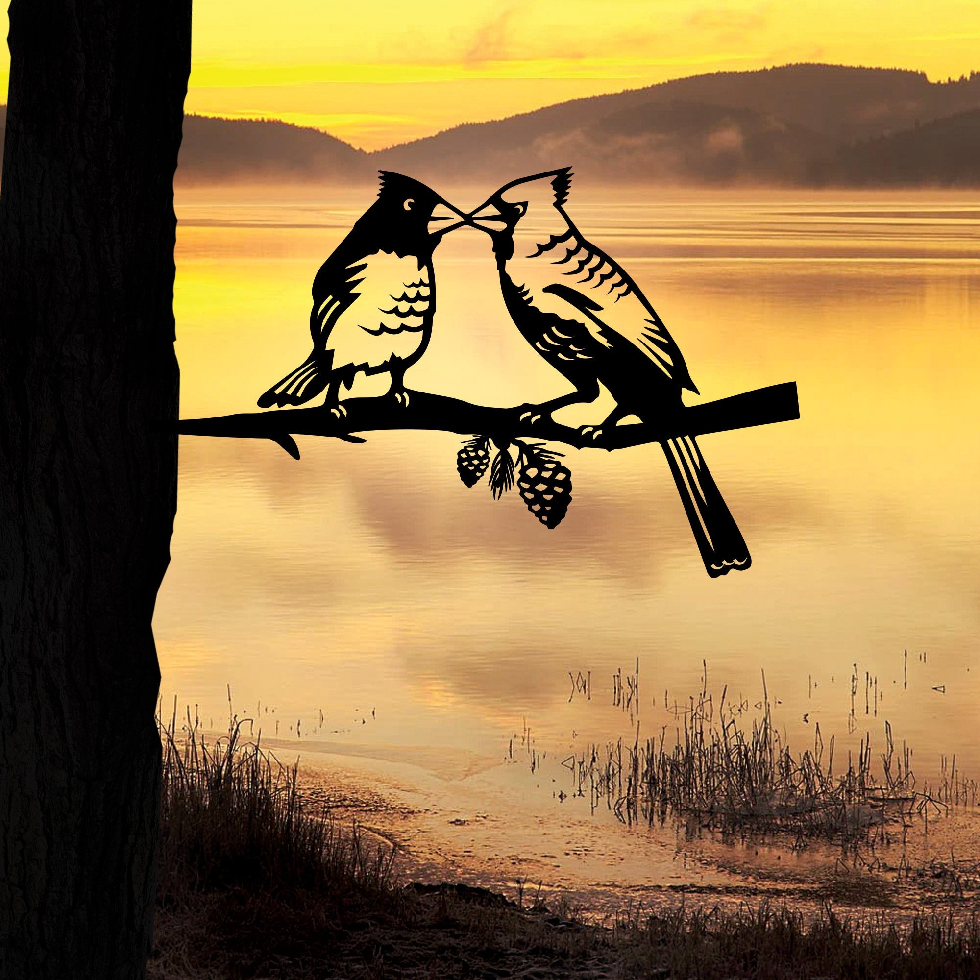 Bird Kissing Cardinal On Branch Metal Art