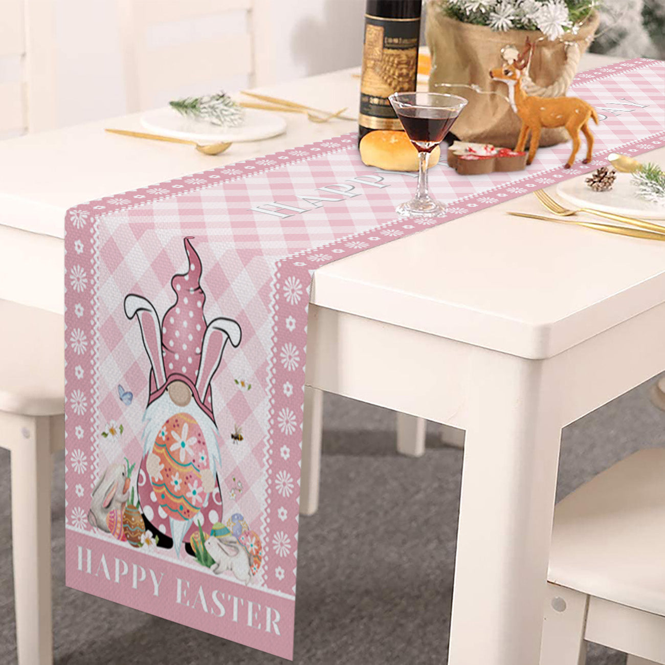 Gnome Holding Egg - Easter Pink Table Runner