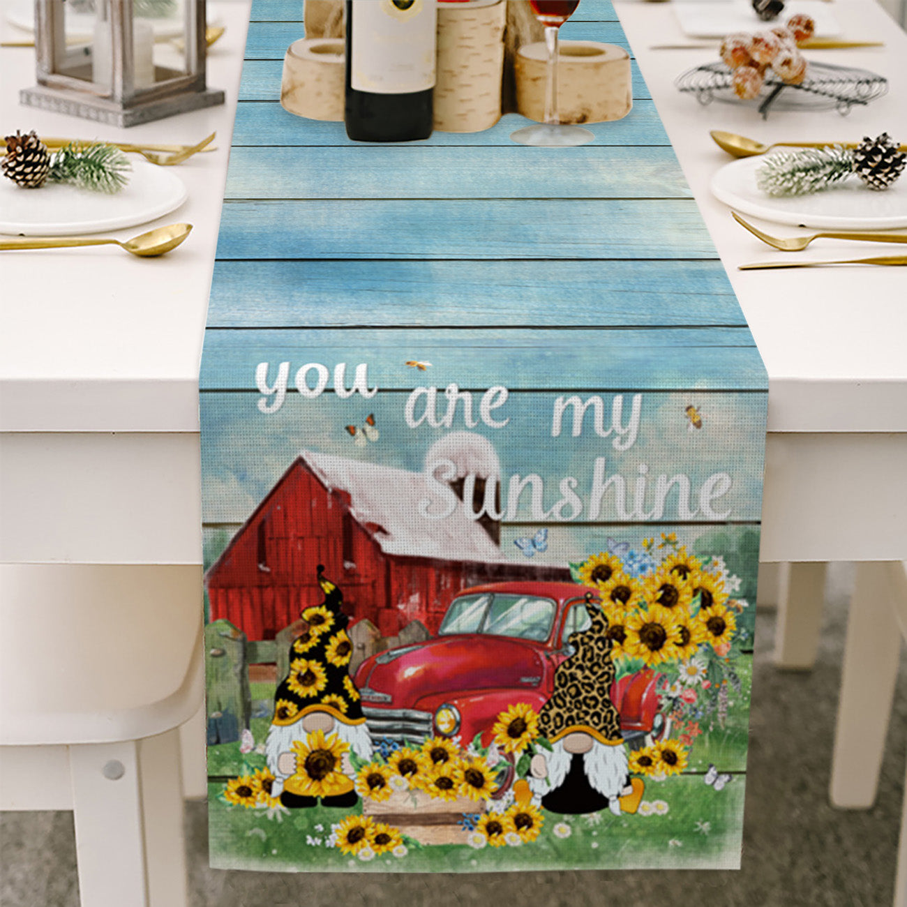 Gnome Couple With Truck - Spring Table Runner