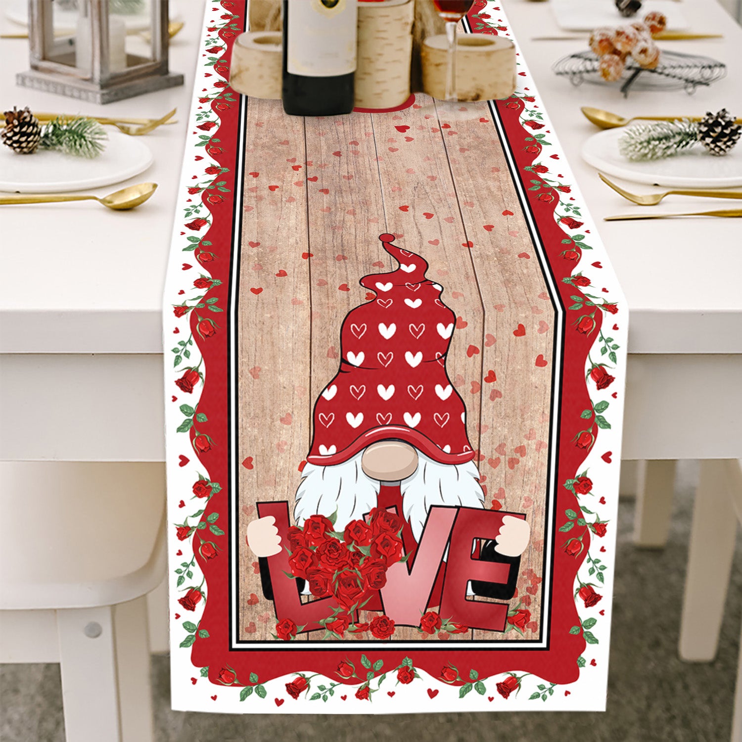 Love & Rose - Gnome Themed Table Runner For Valentine's Day