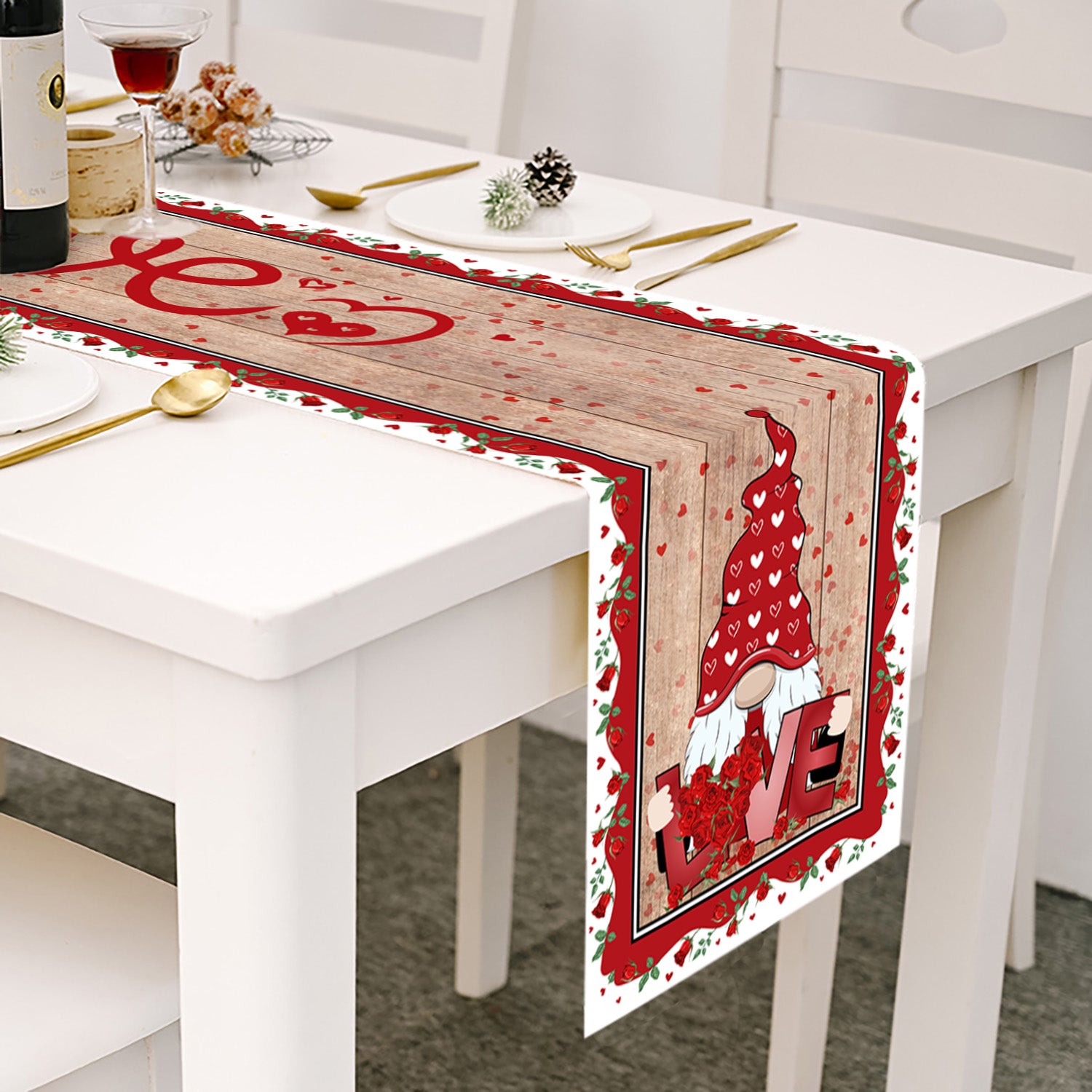 Love & Rose - Gnome Themed Table Runner For Valentine's Day