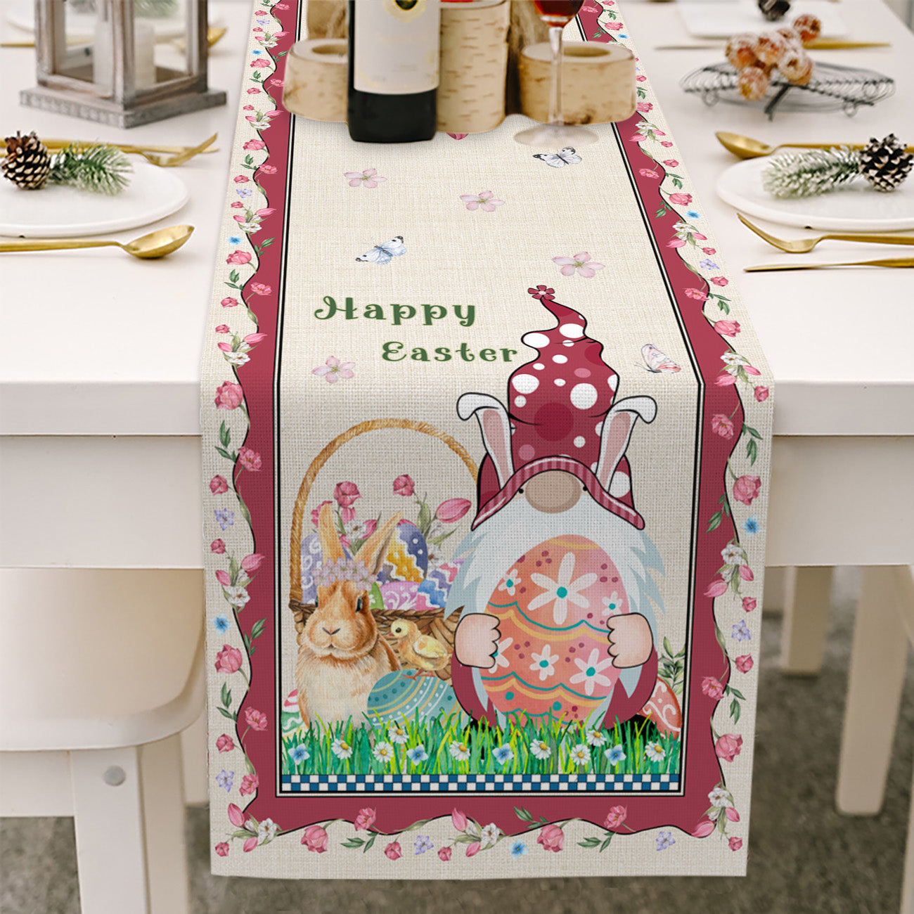 Red Hat Gnome With Bunny - Easter Table Runner