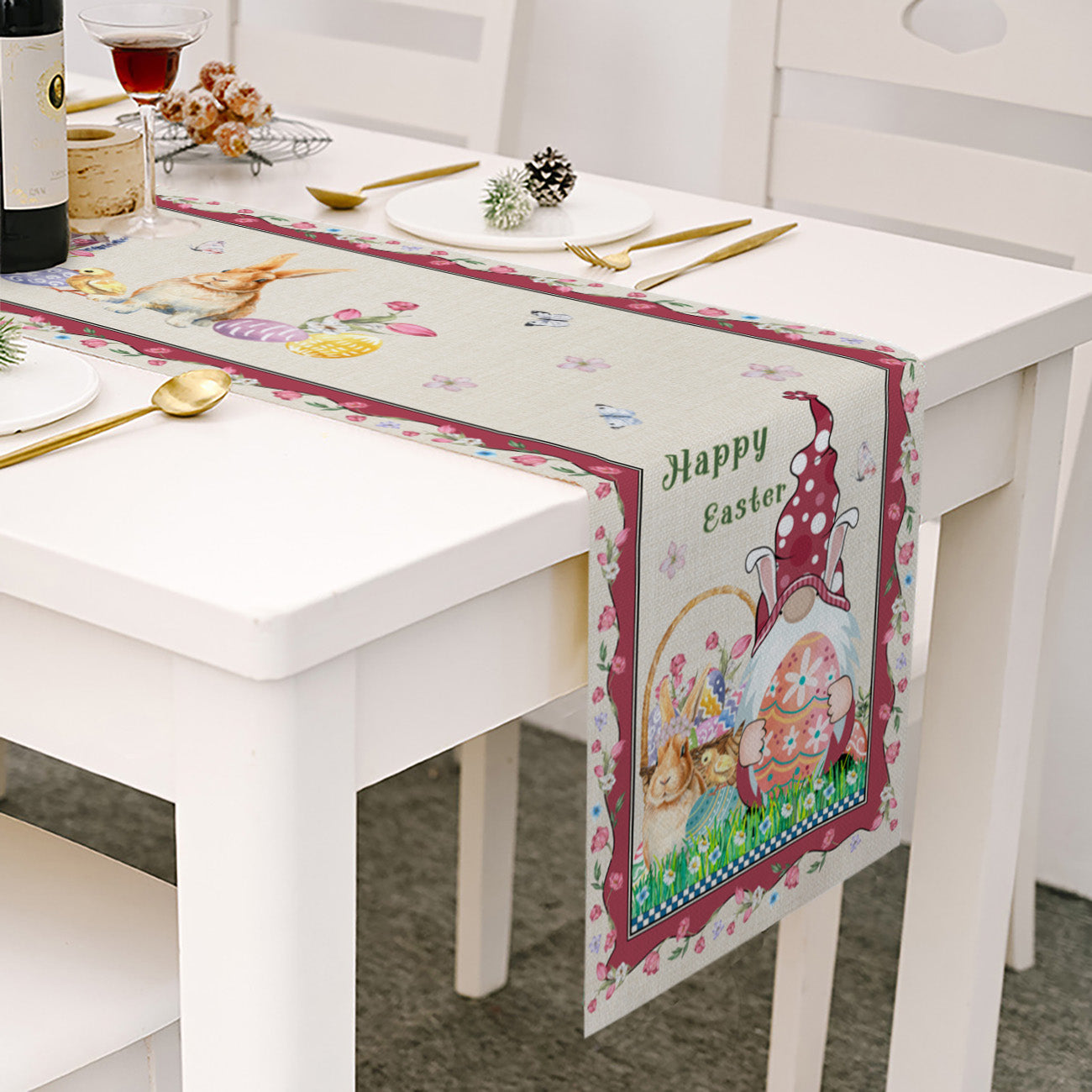 Red Hat Gnome With Bunny - Easter Table Runner