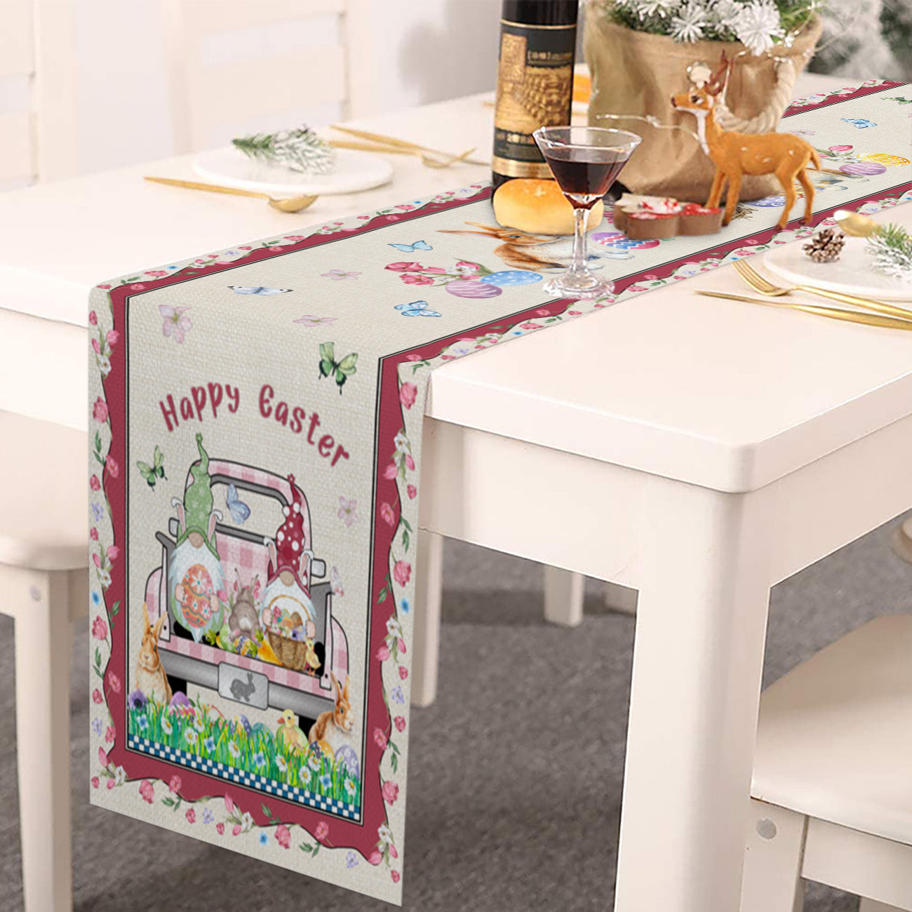Bunny Gnome With Truck - Easter Beige Table Runner