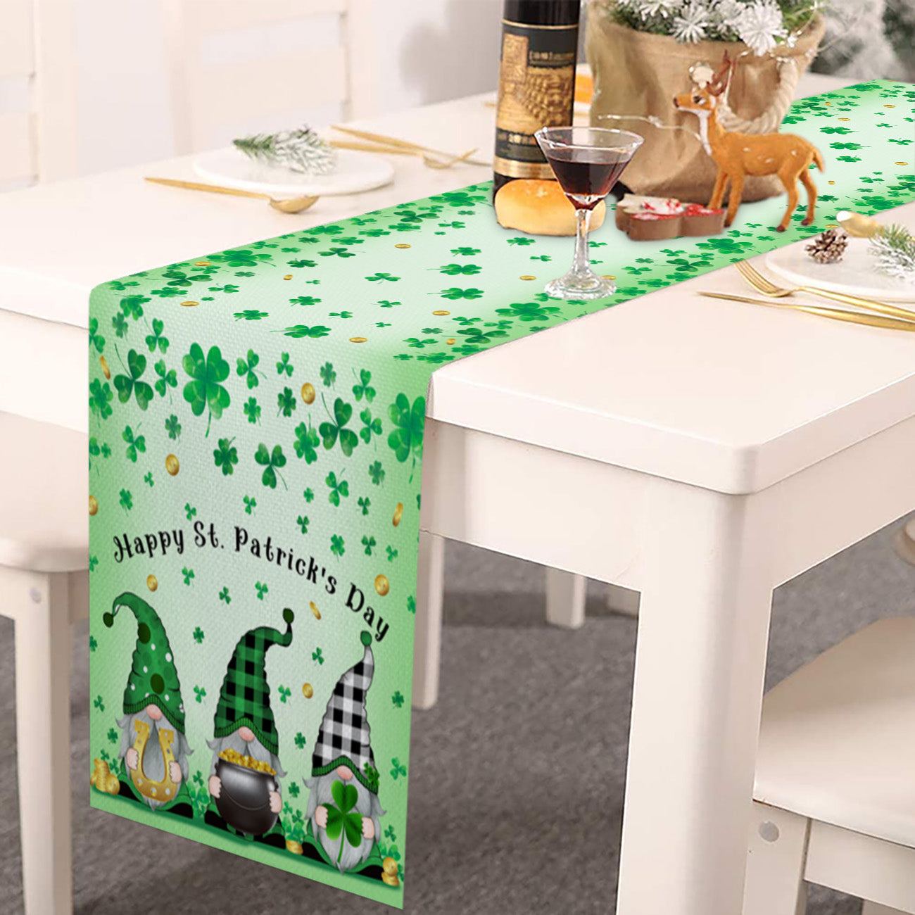 Shamrock And Golden Coins - St. Patrick's Day Gnome Table Runner