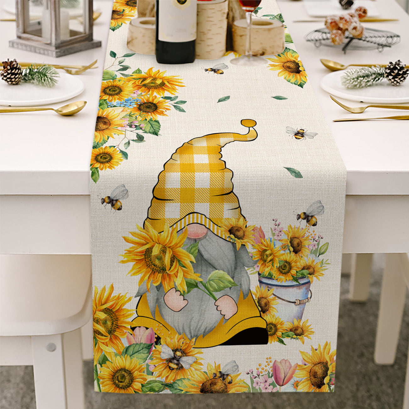 Gnome Holding Sunflower - Spring Table Runner