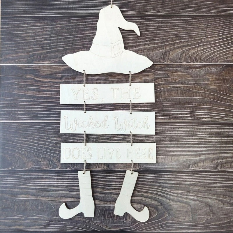 Unfinished Wooden Witch Hanging For Halloween Decoration
