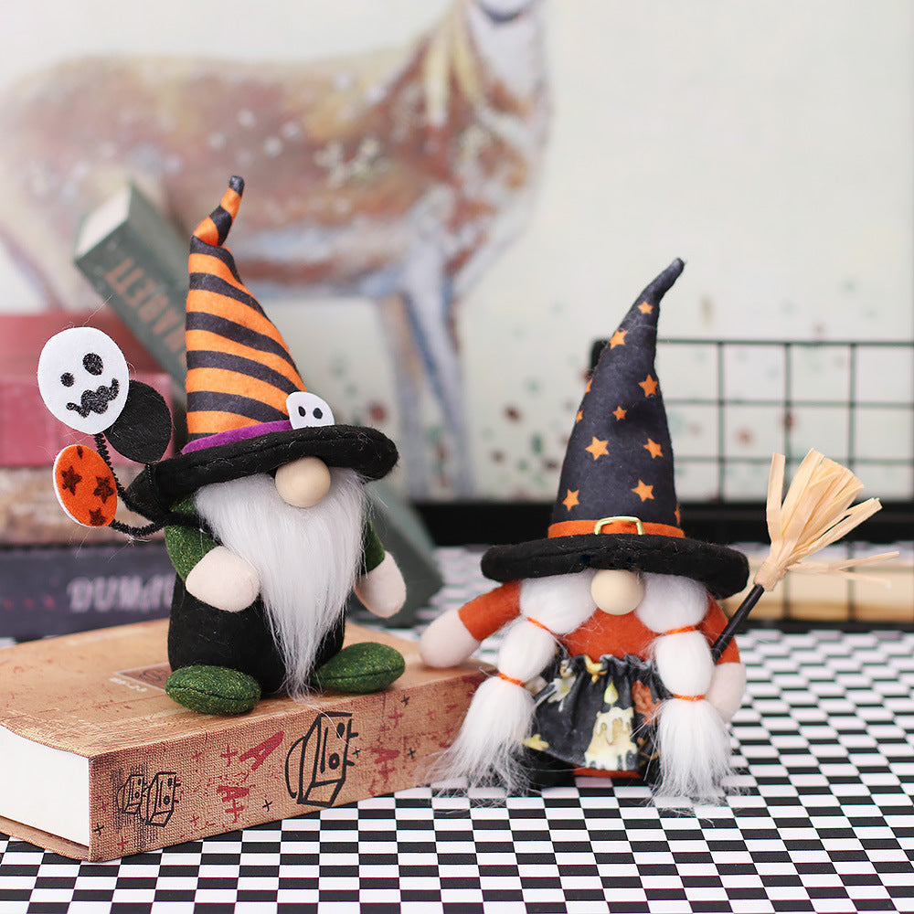 Halloween Cartoon Gnome Couple hold besom and scary face