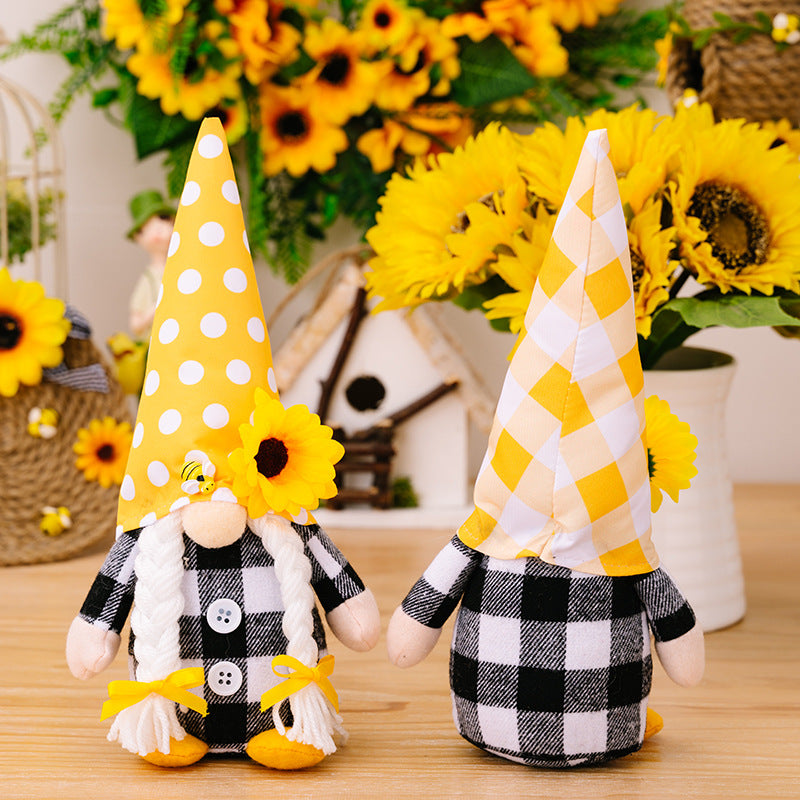 Spring bee sunflower black and white plaid gnomes