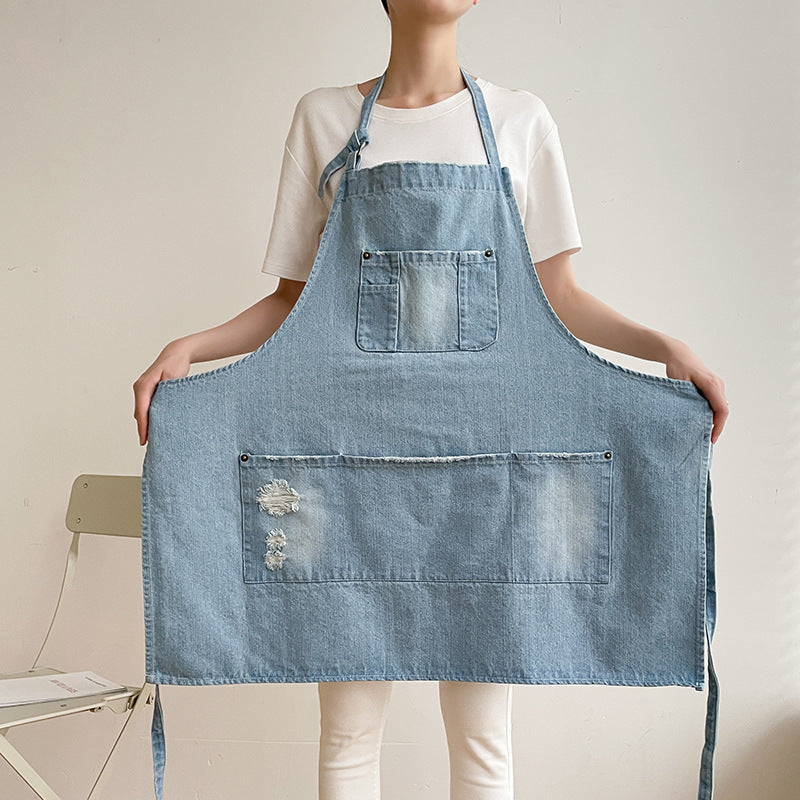 Fashionable Denim Cotton Apron With Big Pockets Suitable For Flower Shop Coffee Shop