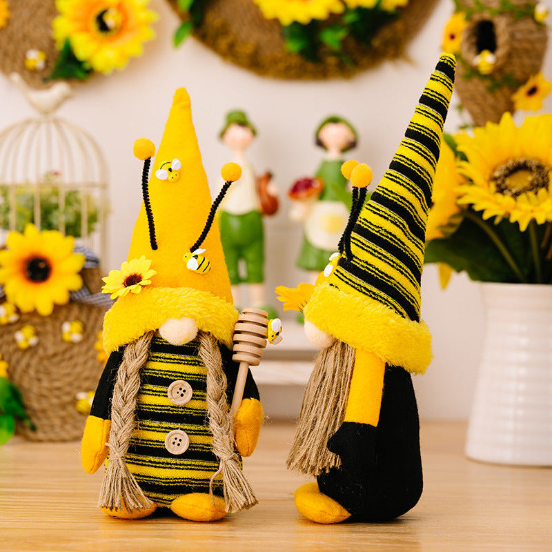 Spring Honeybee Sunflower Knitted Gnomes with Horn Hemp