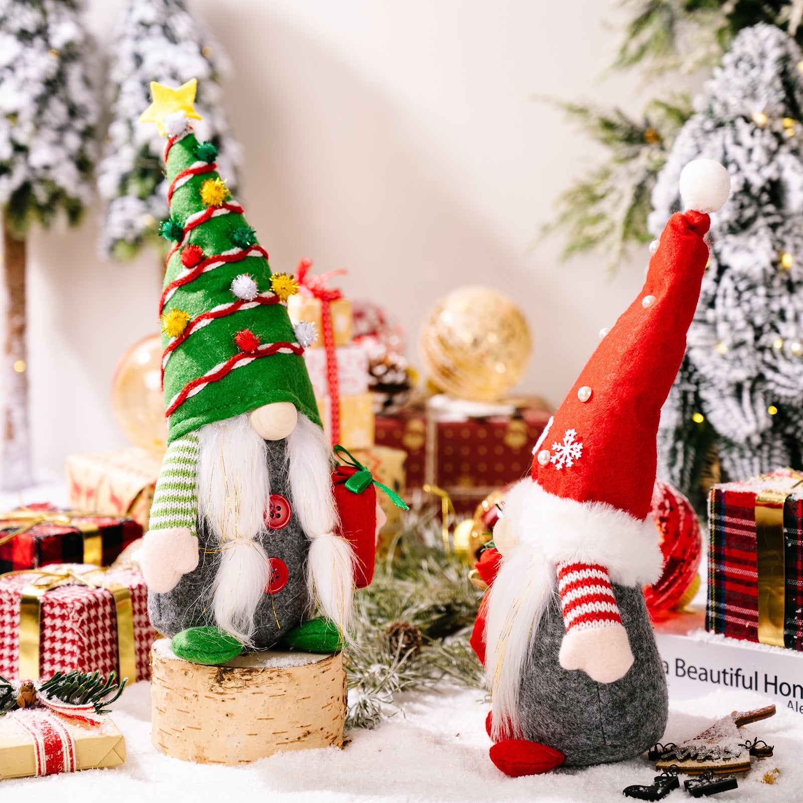 Christmas Gnomes with snowflake lantern hat and gift bag