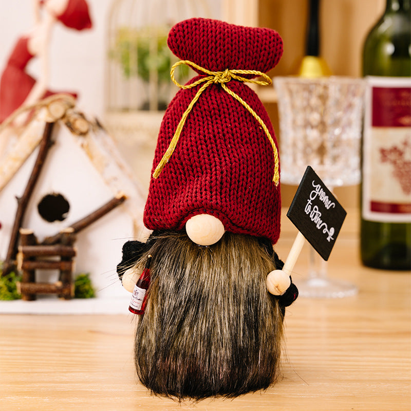 Wine red knit hat gnome holding champagne for dinning table or bar