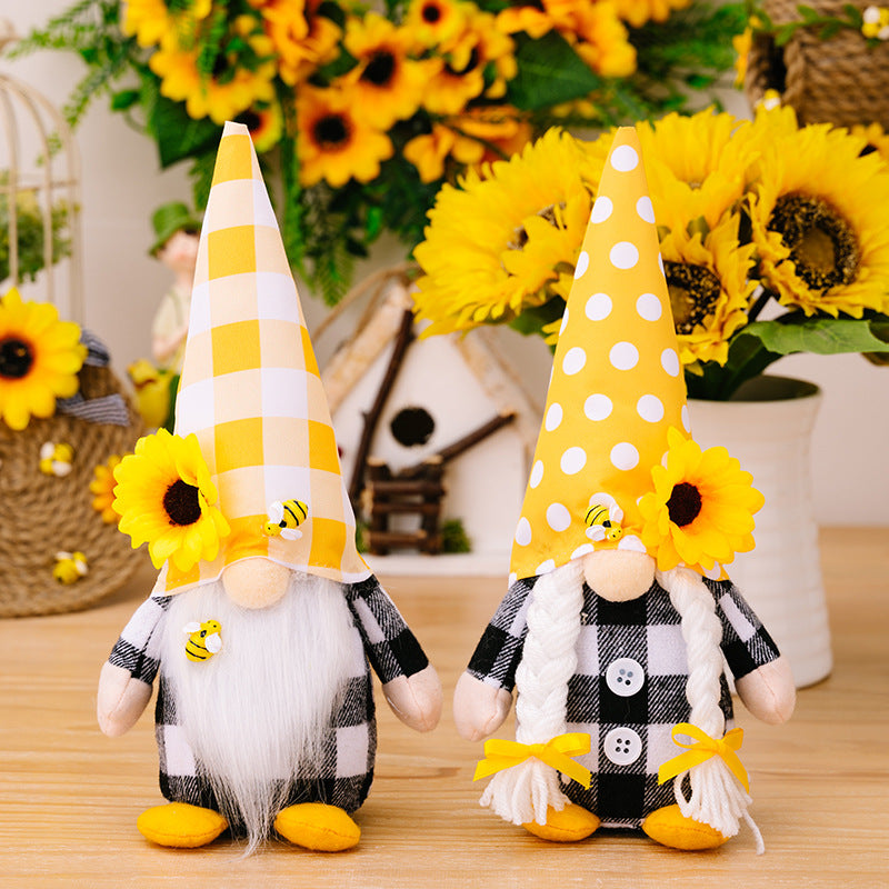 Spring bee sunflower black and white plaid gnomes