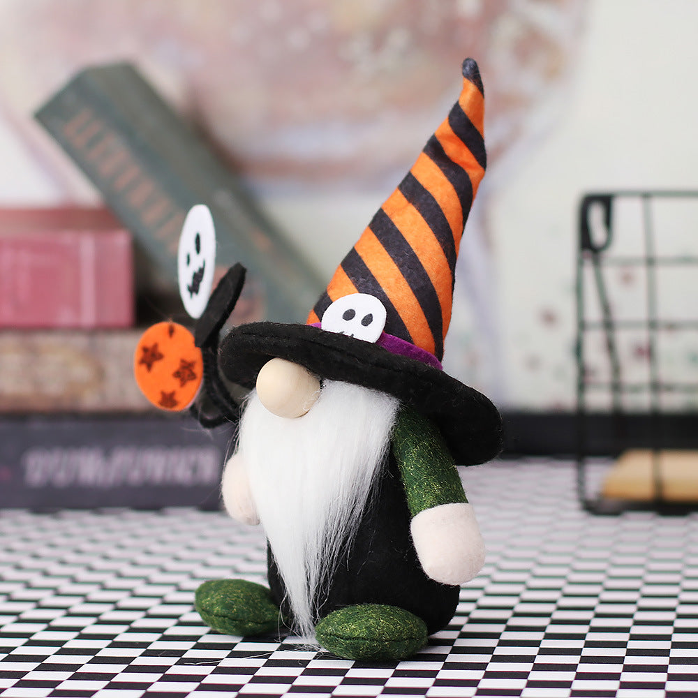 Halloween Cartoon Gnome Couple hold besom and scary face