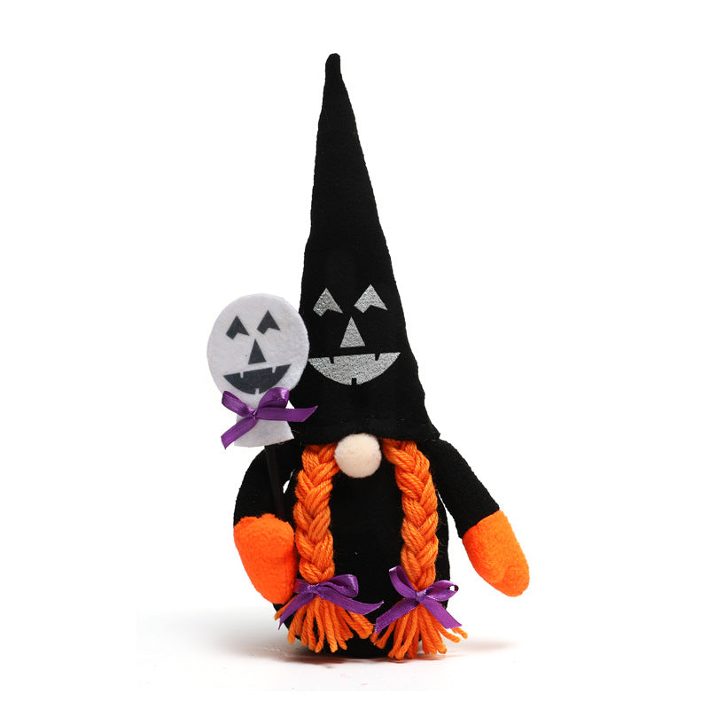Halloween Black Gnomes with Orange Hair Holding Funny Emojo