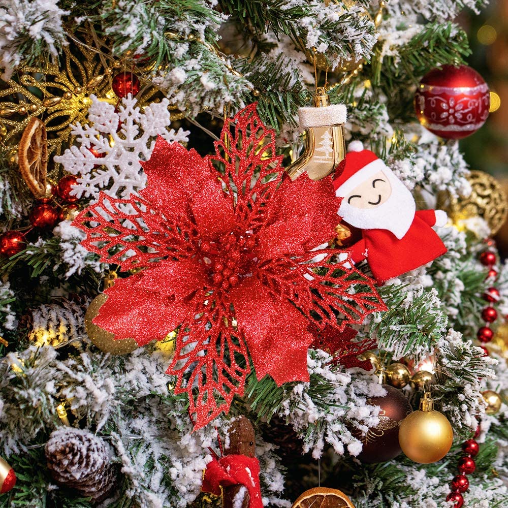 Artificial Christmas Glitter Poinsettia Flower For Holiday Decoration