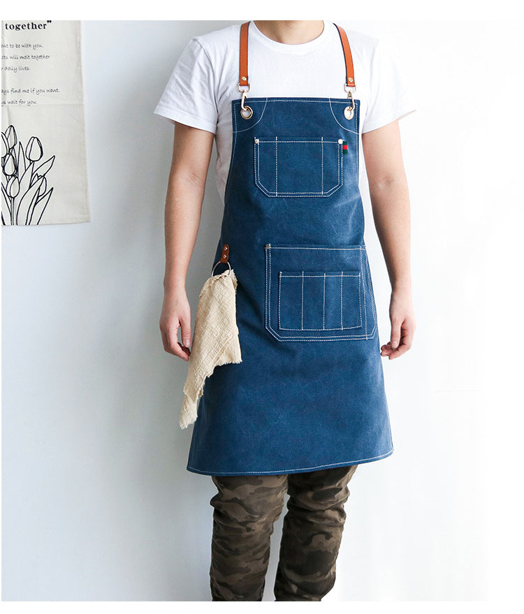 Denim apron with Leather Straps For baking/florist/barista Man/Women