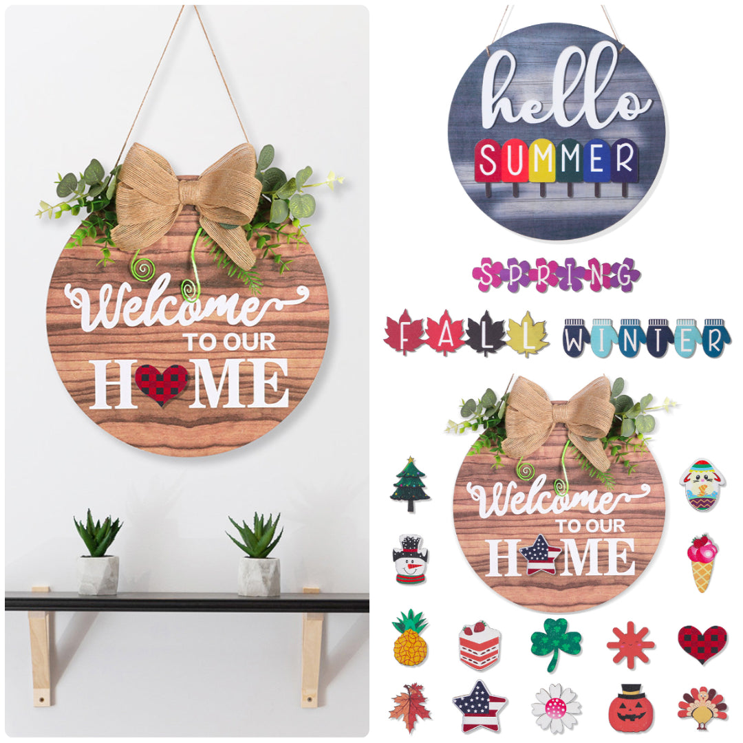 Wooden Seasonal Sign With Interchangeable Accessories For Holiday Decoration