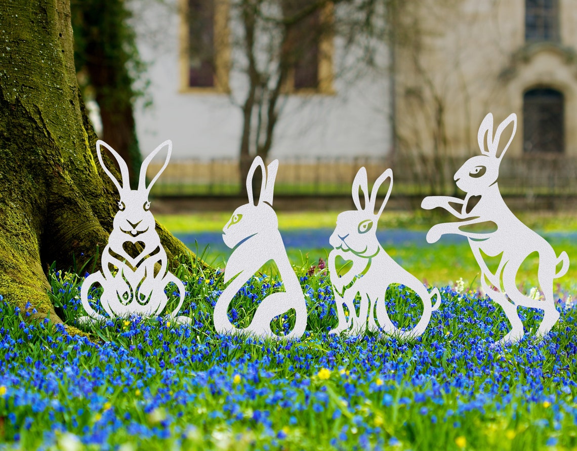 Metal Rabbit Yard Stake Set For Spring Easter Decor