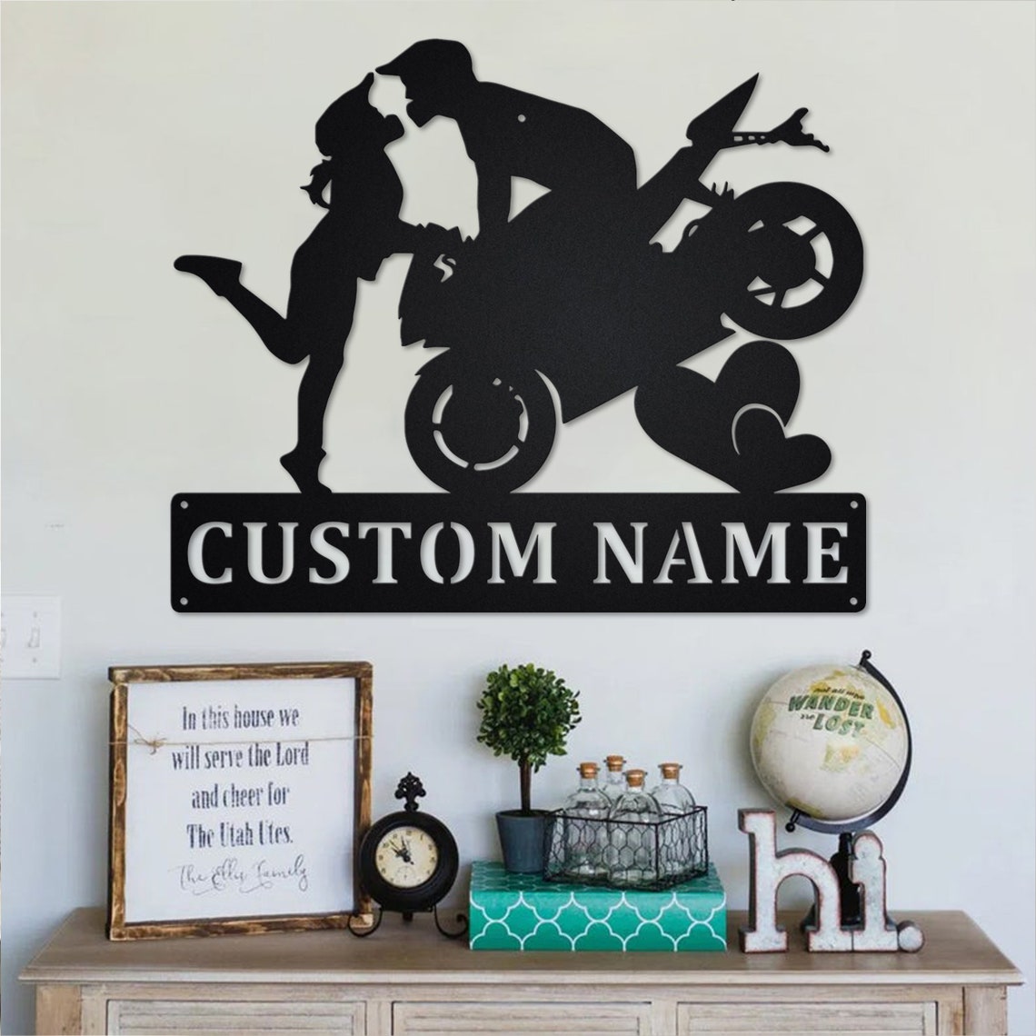 Personalized Custom Motorcycle Couple Kissing Metal Wall Art