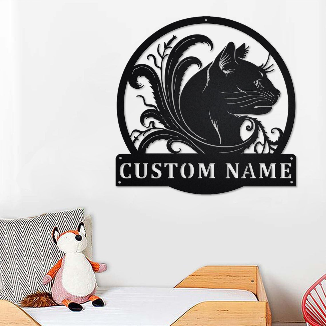 Personalized Custom Black Cat Floral Metal Sign