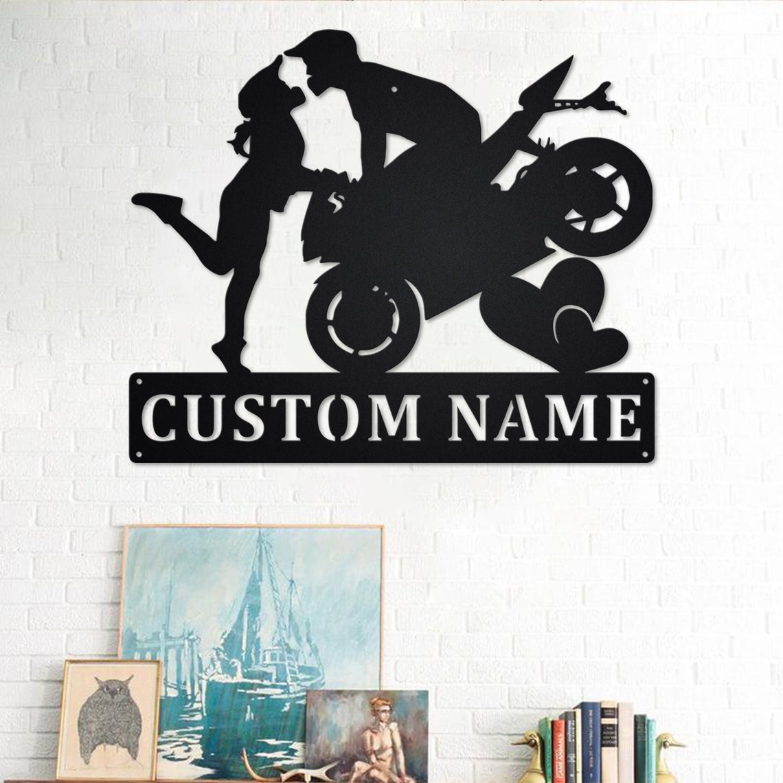 Personalized Custom Motorcycle Couple Kissing Metal Wall Art