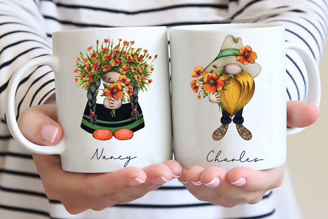 Personalized Custom Flower Gnome Couple Mug