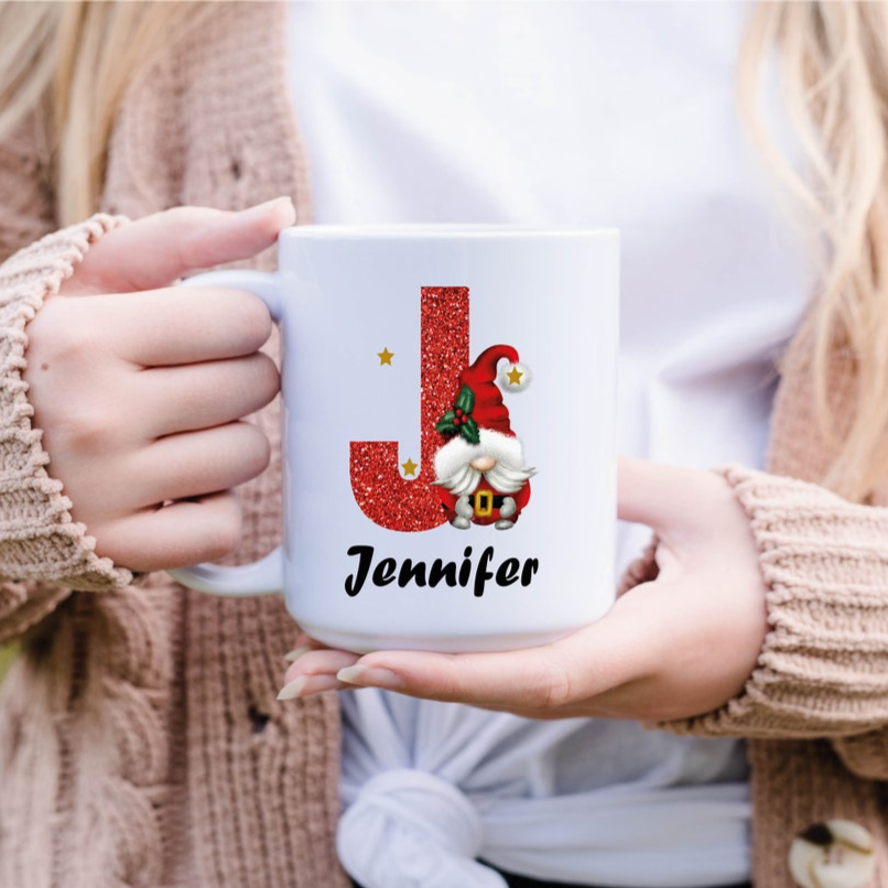 Personalized Custom Red Gnome Letter And Name Mug